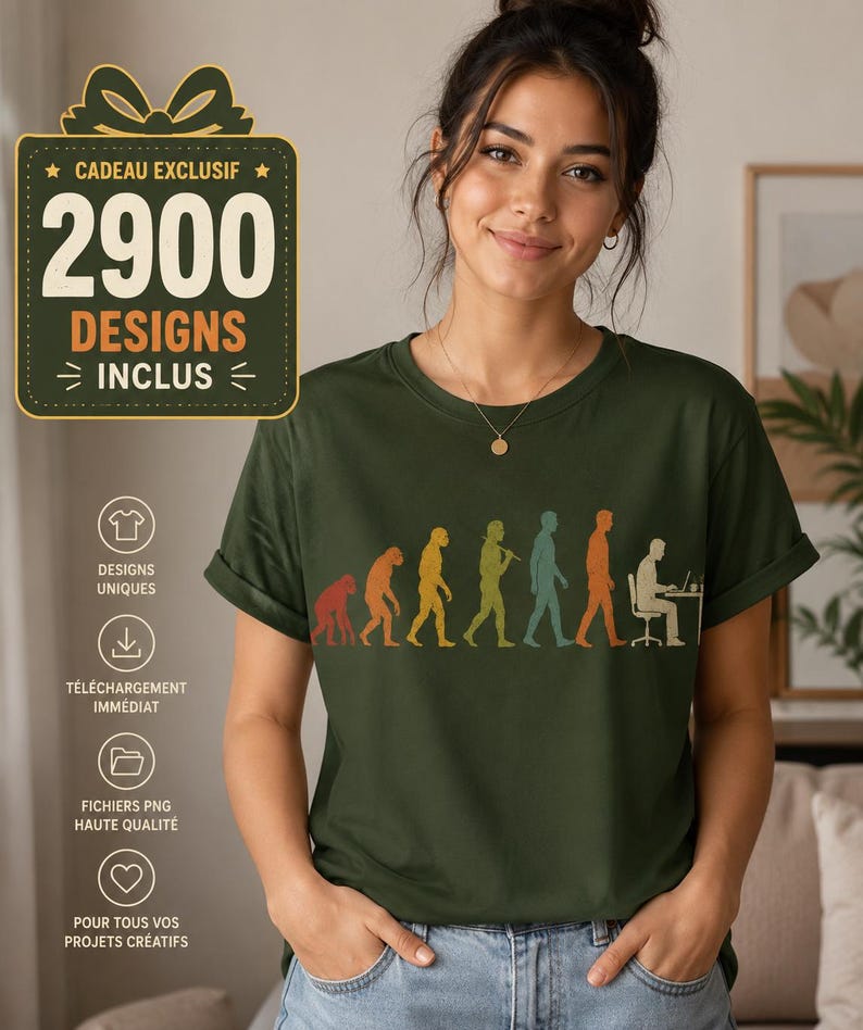 Pode incluir: Uma t-shirt verde-oliva com uma estampa gr&aacute;fica da evolu&ccedil;&atilde;o humana, come&ccedil;ando por um primata e progredindo at&eacute; uma pessoa sentada a uma secret&aacute;ria com um computador. O gr&aacute;fico utiliza uma paleta de cores retro em vermelho, amarelo, verde e azul.
