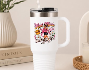 Hot Mama Walking Club 40oz Tumbler, Mom Life Travel Mug, Insulated Water Bottle with Handle and Straw, Fitness Mom Gift, Walking Club Cup