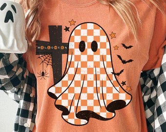 Retro Checkered Ghost Comfort Colors T-Shirt, Spooky Season Tee