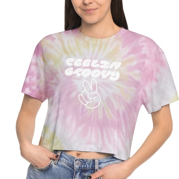 Feelin Groovy Peace Hand Sign Women's Tie Dye Crop Tshirt Desert Rose Colors Tie Dyed Belly Shirt Sizes XS to XL Fun Groovy Belly T-Shirt