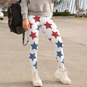 Red and Blue Star Leggings for 4th of July Holiday Yoga Leggings Patriotic Star Women&#39;s Leggings American Flag Athletic Attire Yoga Pants