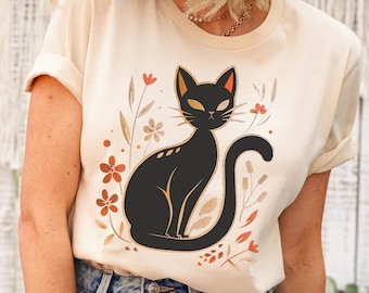 Maglietta con gatto nero e stampa floreale, regalo botanico per amanti dei gatti, maglietta con grafica di un gattino carino, maglietta con gatto in stile cottagecore