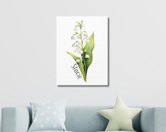Personalized May Birth Flower Wall Art Gifts for Mom Custom Watercolor Lily of the Valley Canvas Wall Hanging Gifts for Grandma 5 Sizes