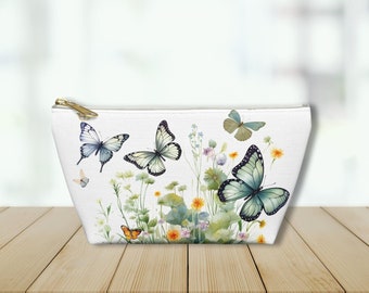 Jolie pochette pour les amoureux des papillons, fleurs et papillons aquarelles, pochette blanche pour accessoires, cadeau papillon pour elle, 2 tailles, sac de voyage