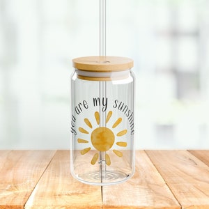 You Are My Sunshine Sipper Glass Watercolor Sun 16oz Can Glass with Lid and Straw Sunshine Glass Tumbler Gift for Daughter Cold Brew Glass