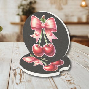 Cherries Car Coaster New Car Gift for Teen Girl Coquette Pink Bow Decor for Car Soapstone Coasters Cherry Bow Cupholder Insert Absorbent