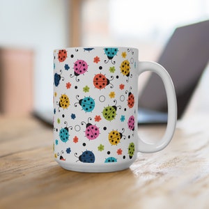 Ladybug Mug Colorful Ladybugs 15oz White Ceramic Mug Gift for Ladybug Lover Cute Ladybugs Coffee Mug Gifts for Her Cute Mug Gifts Larger Mug