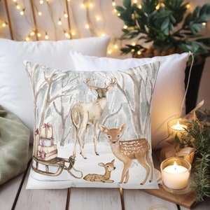 Watercolor Reindeer Throw Pillows Wintertime Home Decor Pretty Deer Snow Decorative Pillow Beautiful Winter Watercolor Pillow for Holidays