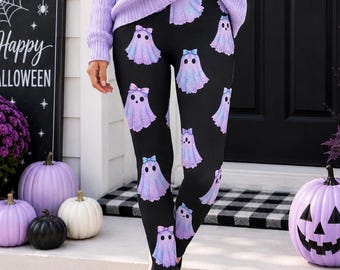 Iridescent Ghost Leggings, Purple Halloween Yoga Pants, Spooky Season Party Pants