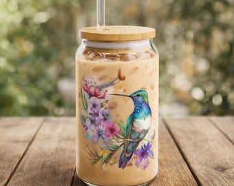 Hummingbird Sipper Glass, Floral Watercolor 16oz Tumbler with Lid & Straw