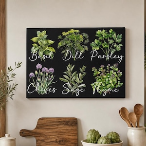 May include: A rectangular black wall art print featuring six illustrations of culinary herbs arranged in two rows. The herbs are labeled in white cursive script as Basil, Dill, Parsley, Chives, Sage, and Thyme, showcasing green and purple tones.