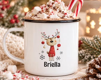 Personalized Kids Christmas Mug, Whimsical Reindeer Hot Cocoa Cup, Custom Name Enamel Camp Mug, Holiday Gift for Boys and Girls