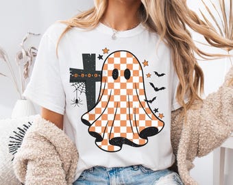 Retro Checkered Ghost T-Shirt, Halloween Comfort Colors Tee