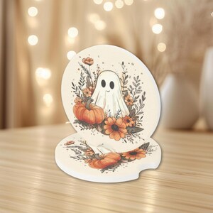 Boho Halloween Car Coaster, Cute Ghost and Pumpkin Soapstone Coasters, Car Decor image 7