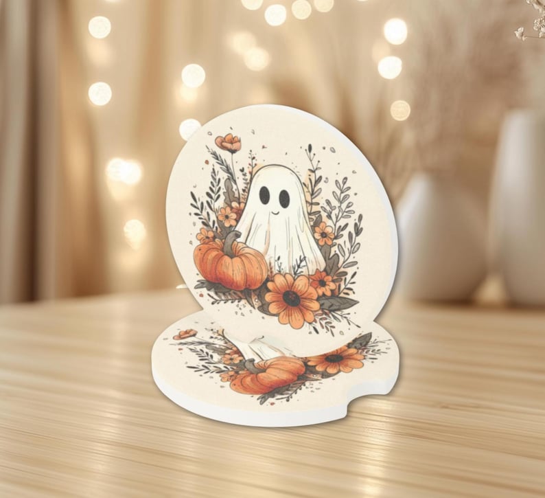Boho Halloween Car Coaster, Cute Ghost and Pumpkin Soapstone Coasters, Car Decor image 7