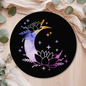 Moon Lotus Flower Mouse Pad, Celestial Gift for Her, Celestial Mousepad Gift for Office, Lotus Flower Moon Stars Black Mouse Pad for Desk