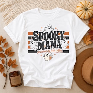Spooky Mama Comfort Colors Shirt, Halloween Ghost Tshirt, Powered by Iced Coffee Tee, Cute Fall Graphic Tee, Halloween Mom Shirt