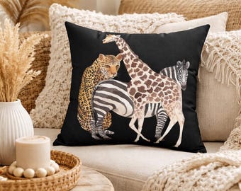 Safari Animals Pillow Cheetah Zebra Giraffe Square Black Throw Pillows 3 Sizes Fun Jungle Animals Accent Pillow Home Decor Decorative Pillow