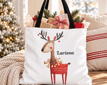 Personalized Christmas Tote Bag, Whimsical Reindeer Name Tote, Custom Name Holiday Shopping Bag (Reusable)