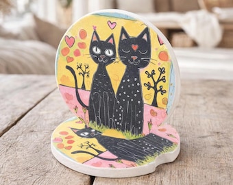 Black Cat Lover Car Coaster, Artistic Kitty Boho Car Decor