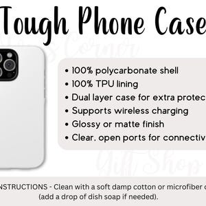 Guia de capas resistentes para celular, capas resistentes para celular, mockup de capa para celular, atributos de capas para celular, cartão de cuidados e detalhes da capa para celular Printify POD