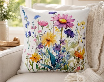 Hübsches Aquarell-Kissen mit botanischem Motiv, Frühlingsblumen-Dekokissen, Geschenkidee für Mama, 3 Größen, Frühlingsdeko, florales Akzentkissen