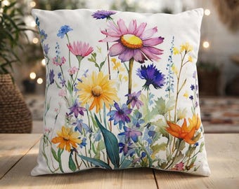 Joli coussin d'extérieur botanique aquarelle fleurs sauvages printanières blanc coussin décoratif cadeau 2 tailles décoration de terrasse printanière oreiller floral