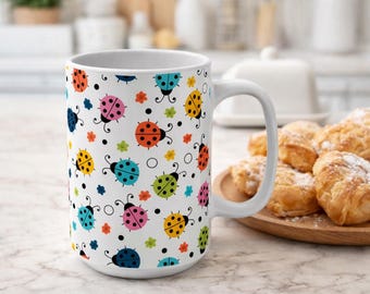 Ladybug Mug, Colorful Ceramic Coffee Mug 15oz, Cute Ladybug Lover Gift