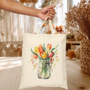 Watercolor Tulips Tote Bag Tulips in Mason Jar Canvas Tote in Natural Spring Tote Bag Gift for Mom Tulip Flowers Reusable Shopping Bags