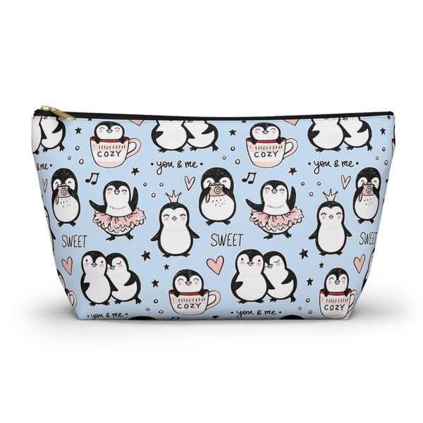 Cozy Love Penguins Pouch Cute Penguin Light Blue Zip Top Pouch w T bottom in Small or Large Cosmetics Travel Bag, Accessories Pouch