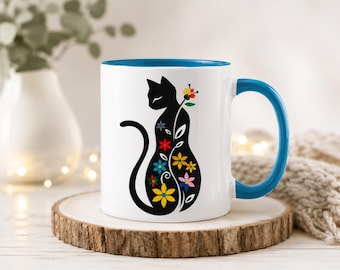 Floral Cat Coffee Mug, Artistic Ceramic Cup for Cat Lover