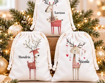 Personalized Christmas Gift Bag for Kids, Custom Name Reindeer Gift Sack, Reusable Drawstring Holiday Favor Bag, 8 x 12 Watercolor Reindeer
