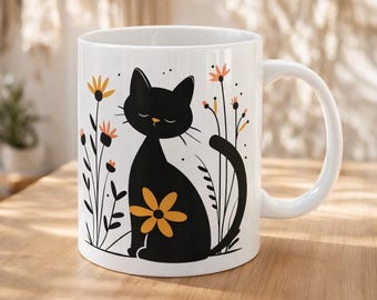 Floral Black Cat Ceramic Coffee Mug, Cat Lover Gift