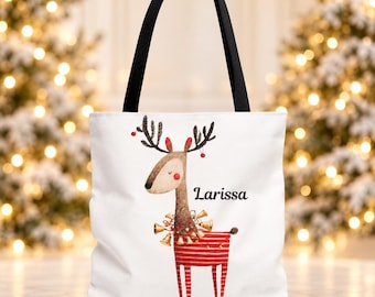 Personalized Christmas Tote Bag, Whimsical Reindeer Shoulder Bag, Custom Name Holiday Shopping Bag for Christmas, Reusable Xmas Tote