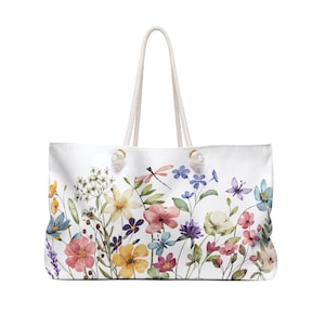 Sac fourre-tout de week-end fleurs sauvages aquarelle, sac de voyage fleuri image 5
