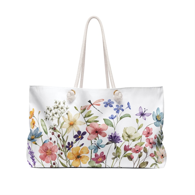 Sac fourre-tout de week-end fleurs sauvages aquarelle, sac de voyage fleuri image 5