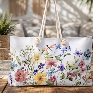 Watercolor Wildflowers Weekender Tote Bag, Floral Travel Bag