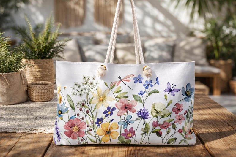 Watercolor Wildflowers Weekender Tote Bag, Floral Travel Bag