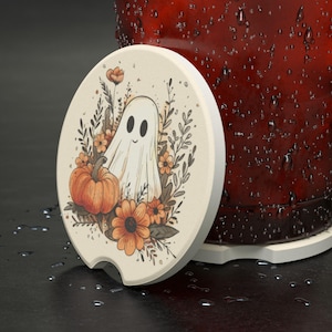 Boho Halloween Car Coaster, Cute Ghost and Pumpkin Soapstone Coasters, Car Decor image 5