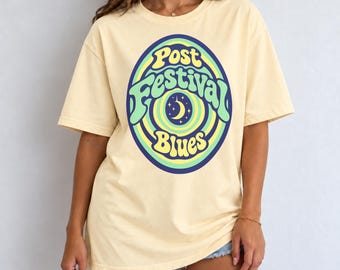 After the Festival Blues Tee for Fans, Retro Moon Art, Butter or Ivory, Music Lover Gift