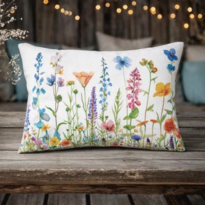 Wildflower Rectangular Throw Pillow, Colorful Wildflowers Room Accent Pillow, Country Home Decor, Housewarming Gift Floral Decorative Pillow