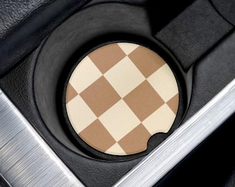 Beige and Cream Checkered Car Coasters Retro Tan Checker Soapstone Car Coaster Trendy Car Gift Checkerboard Car Accessories Trendy Car Decor