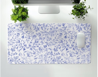 Vintage French Toile Desk Mat, Blue Floral Mouse Pad, Gamer Gift