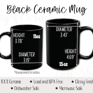 Tabla de tamaños de tazas de cerámica negra para tazas de 11 oz y 15 oz, guía de tamaños de tazas de café para POD, herramienta de compra de tabla de tamaños de tazas negras de Printify Atributos de las tazas