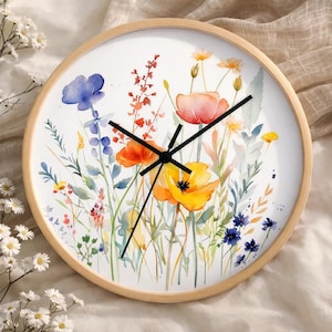 Watercolor Floral Wall Clock, Botanical Flower Art, Colorful Spring Decor, Silent Clock