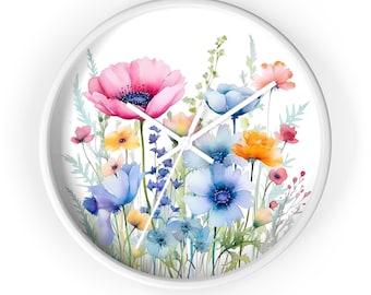 Botanical Wall Clock Beautiful Watercolor Flowers Wall Clocks Wooden Circular Floral Clock Wildflowers Clock Housewarming Gift Wall Art