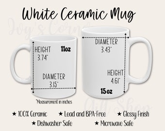 White Ceramic Mug Size Chart for 11oz and 15 oz Mugs, Coffee Mug Size Guide for POD, Printify White Mug Size Chart Shop Tool Mug Attributes