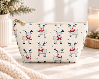 Christmas Reindeer Pouch, Cute Rudolph Makeup Bag, Holiday Pencil Case, Christmas Cosmetic Bag, Stocking Stuffer, Toiletry Travel Bag