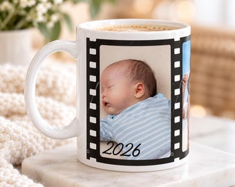 Personalized Film Strip Photo Mug, Custom Photo Booth Coffee Cup, Couples Anniversary Gift, Vintage Picture Keepsake for Him or Her