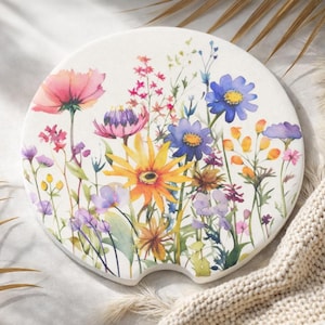 Watercolor Wildflowers Soapstone Car Coasters Summer Flowers Car Drink Holder Coasters Wildflowers Car Accessories Gift Floral Car Coaster